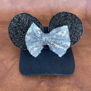 Top Level Sparkly Minnie Mouse Ears w/Bow Visor Black/Silver Adult OSFM